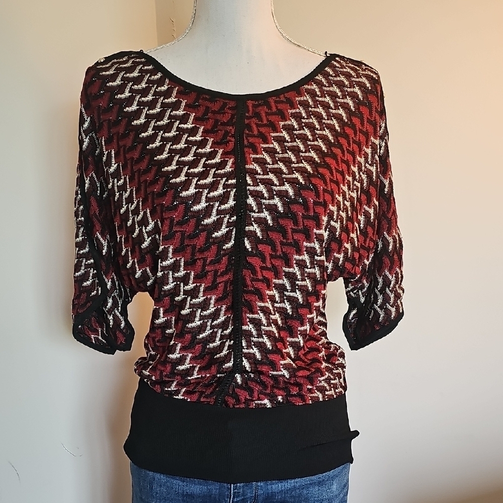 White House Black Market Red and Black Knit Top